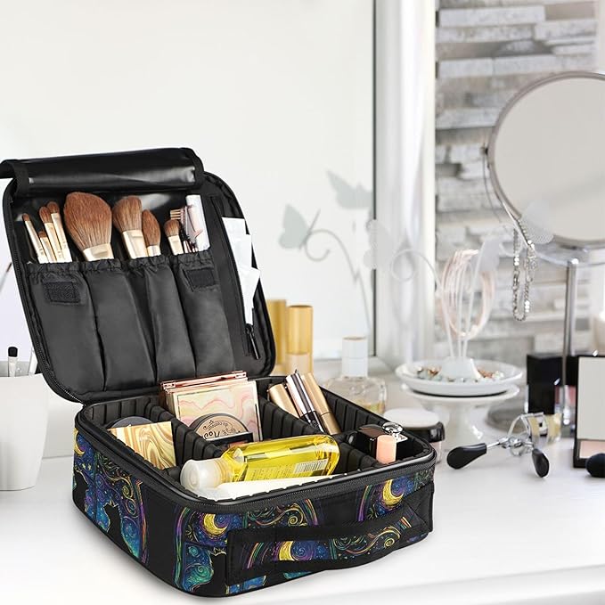 MNSRUU Travel Makeup Bag, Two Black Cats in A Window Women Makeup Case Organizer Cosmetic Toiletry Bag for Teenage Girl with Adjustable Dividers