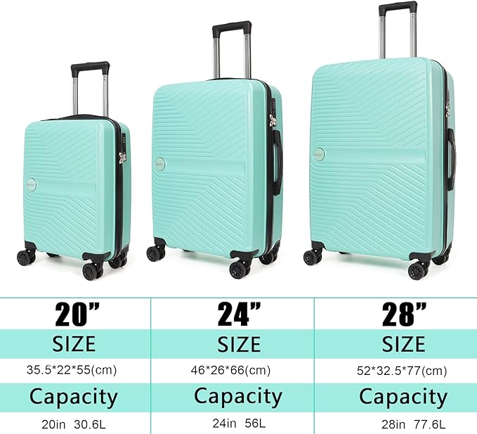 Luggage Set 3 Pieces -Suitcase Set - Carry on Luggage with Wheels - Check-in Luggage - PC + ABS Durable Suitcase Rotating Silent Wheels 3-Piece 20/24/28 Mint Green