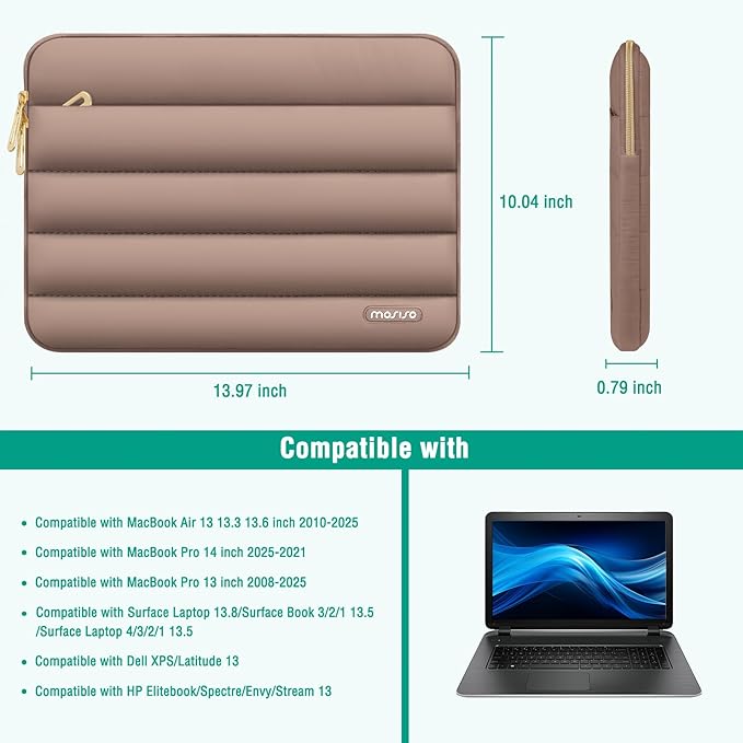 MOSISO 13.3 inch Laptop Case, 13-13.3 inch Puffy Laptop Sleeve Compatible with MacBook Air 13 13.6 M4 M3 M2 M1/Pro 13/Pro 14, HP Dell ASUS Lenovo,Polyester Horizontal Bag with Small Case, Brown