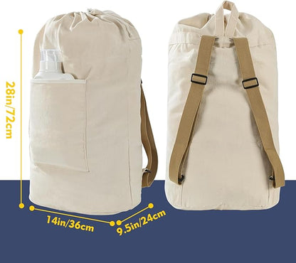 Canvas Laundry bag, Washable Laundry backpack, Adjustable Straps, Large Front Pocket, Drawstring Closure (BEIGE, X-Large)