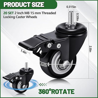 Set of 20 M8 Caster Wheels 2 Inch M8 x 15 mm Swivel Threaded Stem Caster Locking Standing Desk Wheels Heavy Duty 360° Polyurethane with Dual Brake, No Noise, 400 lb for Cart Desk Furniture