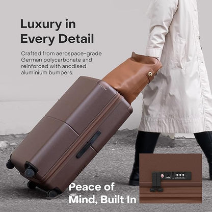 Checked Expandable - 24.5" Airline Approved Check In Luggage with Wheels, Spinner Suitcase for Men & Women - TSA Lock Rolling Suitcase, Spinner Wheels, Expansion Zip, Y-Strap - Dark Brown