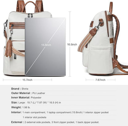 Shrrie 15.6 inch Laptop Backpack for Women,Large Leather Backpack Purse,Travel,Carry on,Water Resistant Casual Laptop Backpacks,College Backpack,Work Backpack for Women,Beige with Brown