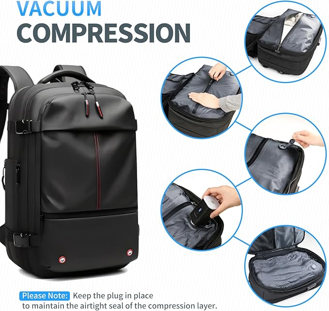 Kuvictewl Vacuum Backpack for Travel, 60L Expandable Travel Backpack with Vacuum Compression Seal System, Water Resistant, TSA Lock, Carry-On Suitcase Luggage - Pump Included