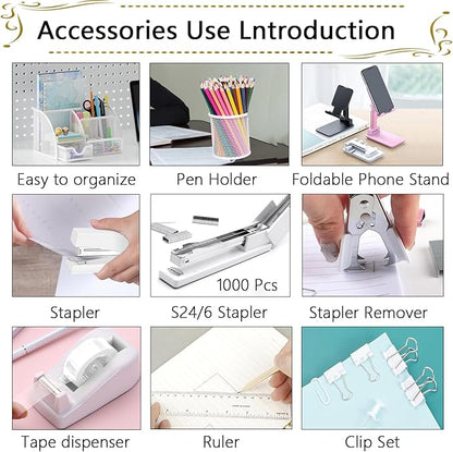 Office Supplies,Desk Accessories,Stapler and Tape Dispenser Set,1000 Staples,Staple Remover,Pen Holder,Folding Phone Holder,Journal Notebook,Ballpoint Pen,Scissor,Ruler,Clear Tape,Sticky Notes,Ect