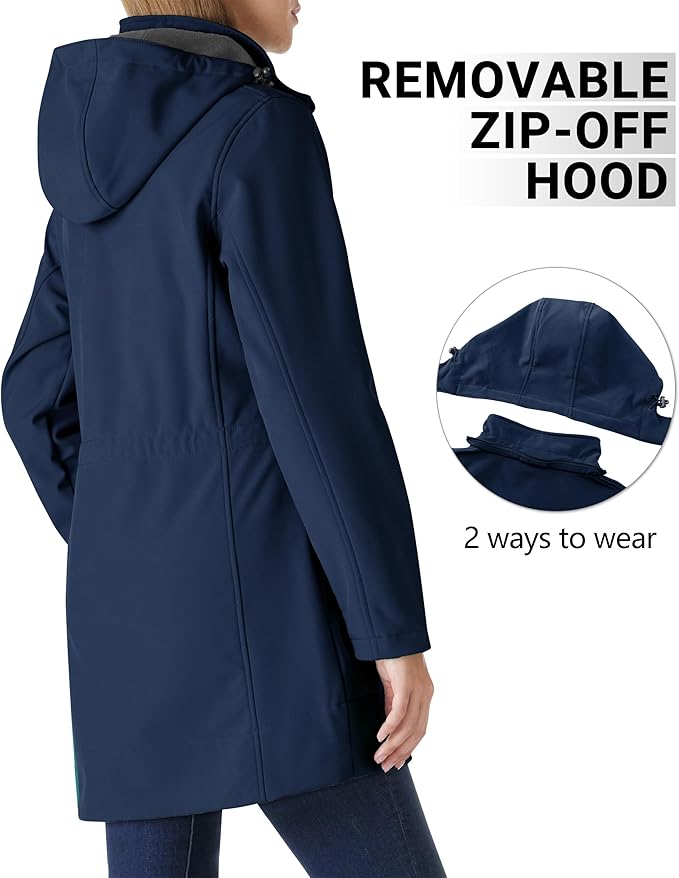 Outdoor Ventures Women's Softshell Jacket with Removable Hood Fleece Lined Windbreaker Insulated Long Warm Rain Jacket