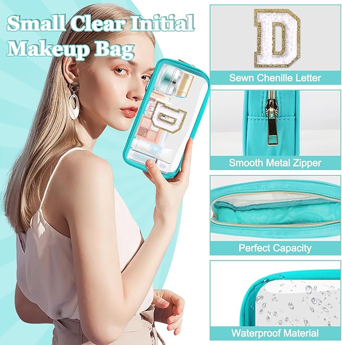 Small Clear Personalized Initial Makeup Bag,Nylon Preppy A-Z Chenille Letter Patch Cosmetic Pouch Beach Toiletry Bag,Waterproof Zipper Travel Purse Storage Bag Organizer for Women Girls(Cyan-White D)