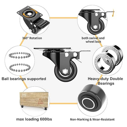 2 Inch Caster Wheels Heavy Duty, Casters Set of 4 with Brake, Locking Industrial Swivel Top Plate Casters Wheels for Furniture and Workbench Cart(Two Hardware Kits Include)