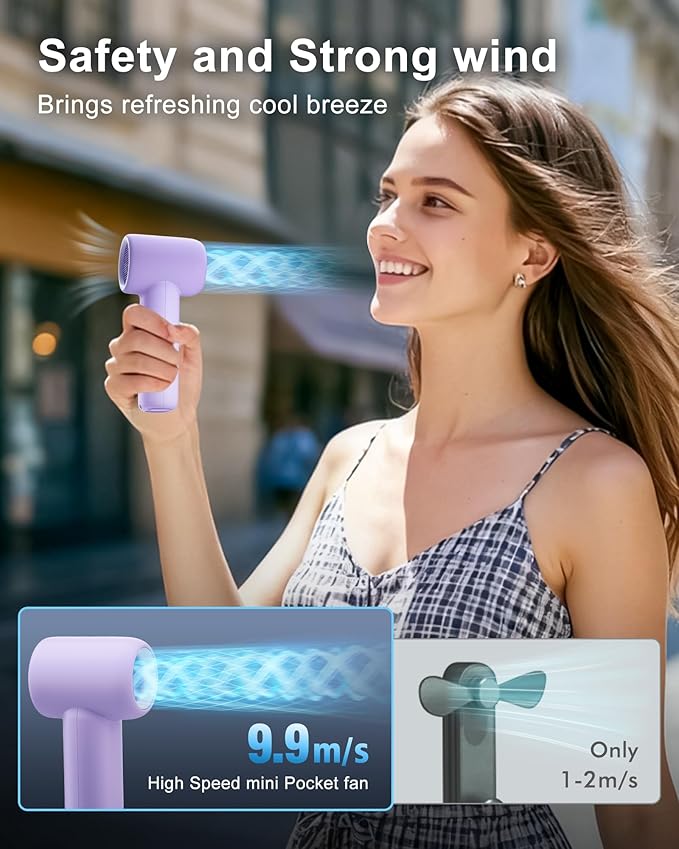 WHATOOK Mini Pocket Fan Portable Handheld Fans,3000mah Small Rechargeable Turbo Personal Fan Travel Essential Outdoor Activities Beach Vacations Camping Gifts for Women face makeup skincare（Purple）