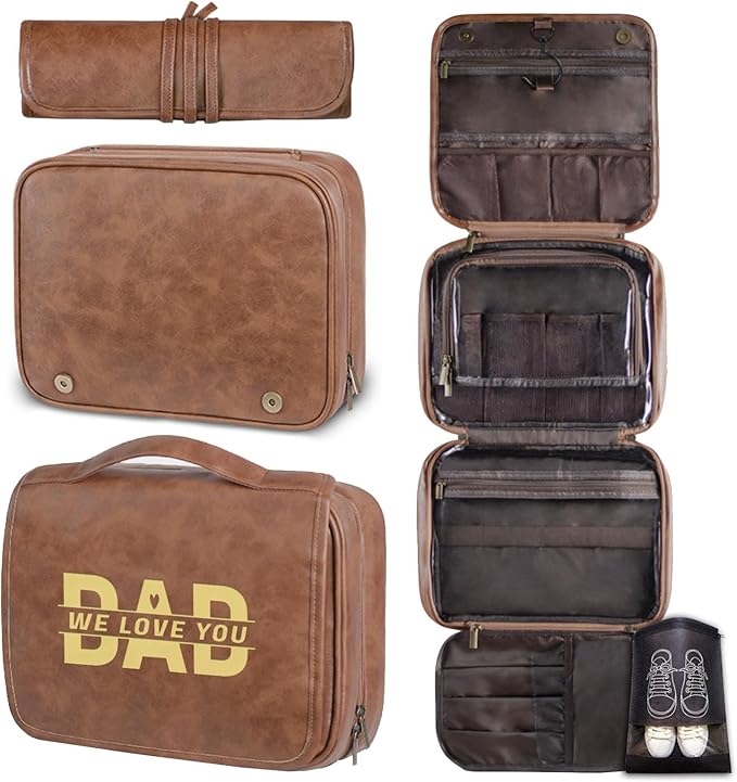 Custom 3-in-1 PU Leather Toiletry Bag for Men - Personalized Hanging Travel Organizer with Multiple Compartments for Father, Husband, Boyfriend - Business Trip Gift (Yellowish brown)