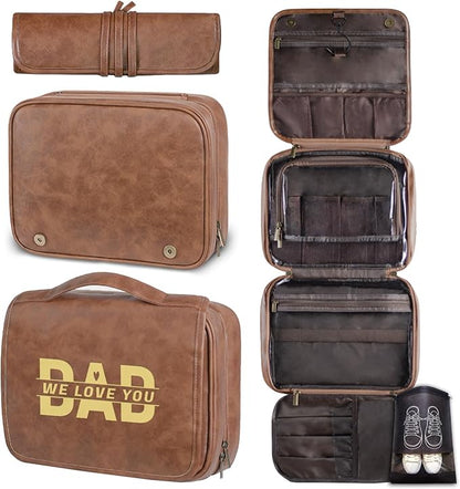 Custom 3-in-1 PU Leather Toiletry Bag for Men - Personalized Hanging Travel Organizer with Multiple Compartments for Father, Husband, Boyfriend - Business Trip Gift (Yellowish brown)