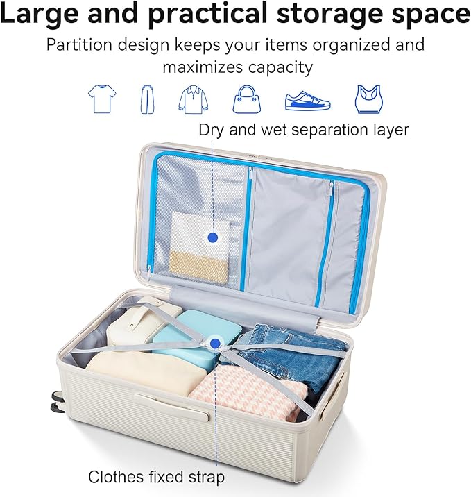 Travel Luggage Sets 3 Piece with Spinner Wheels, PC Hardside Suitcase Set for Family Trips with Cup and Phone Holder, Beige