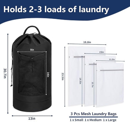 Laundry Bag Backpack with 3 Sizes Mesh Wash Bags and Shoulder Straps Foldable Clothes Hamper Bag with Drawstring Closure for College, Apartment, Laundromat (Black)