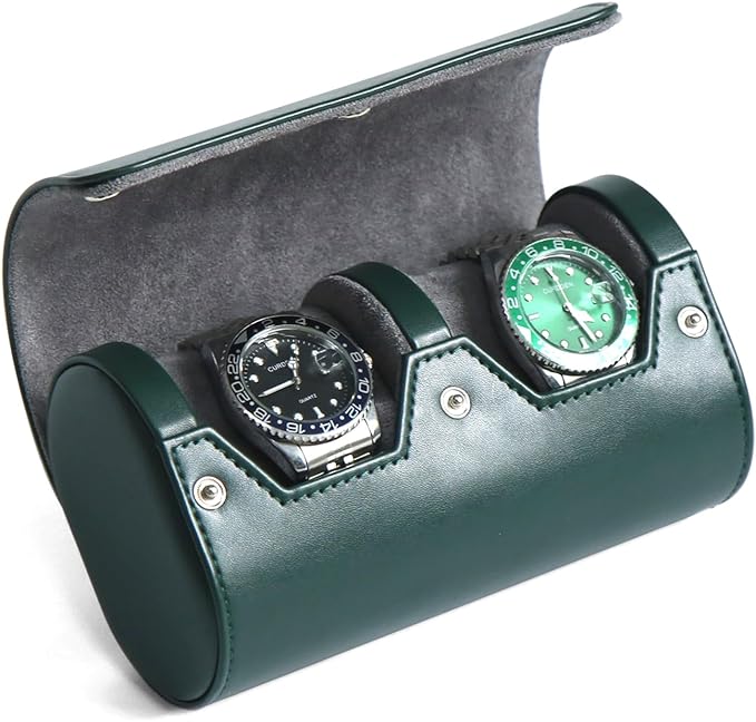 Watch Roll Travel Case for Men and Women with Suede Lining Portable 2 Slot Watch Display Storage and Organizer to Holder Large Watch(2 slot green)