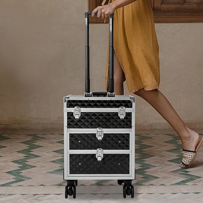 Aluminum Rolling Makeup Train Case, Portable Lockable Makeup Organizer Suitcase, Stylist Cosmetic Luggage Travel Trolley w/4 Removable Wheels & 2 Sliding Drawers