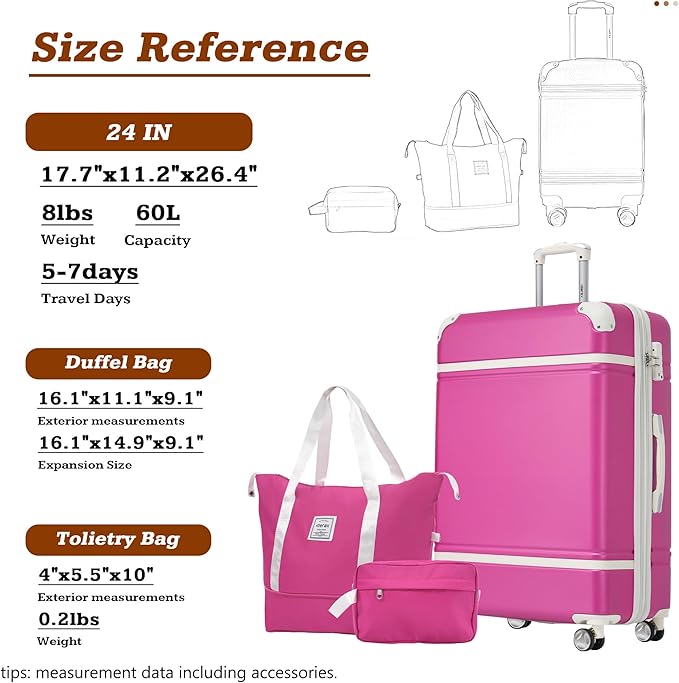 Merax Luggage Set,24 IN Hardside Suitcase with Duffel Bags,3 Piece Expandable Luggage with Spinner Wheels, Vintage Luggage with TSA Lock Lightweight,(Pink)