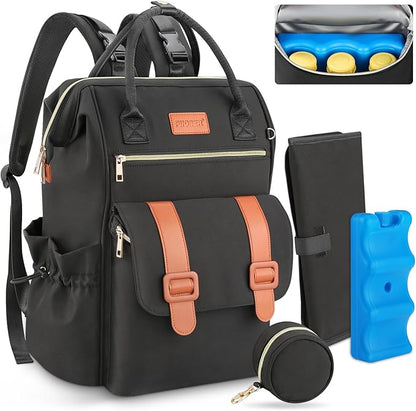 PIIOSER Diaper Bag Tote with Ice Pack, Large Capacity & Waterproof Bag Travel Backpack for Moms Dads, Insulated Insulated Baby Cooler Bag with Changing Pad, Stroller Straps & Pacifier Case, Black