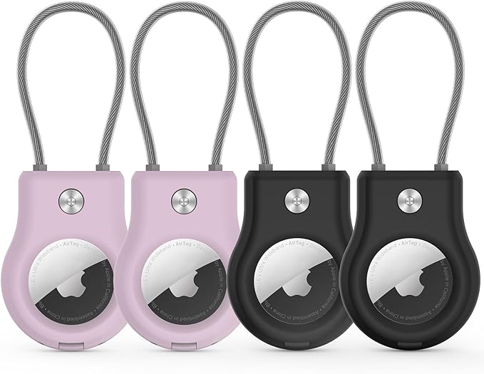 Air Tag Keychain Holder - (4 Pack) Air Tags Lock Case with Wire Cable Compatible with AirTags,Ultra Durable Anti-Lost Protective Case with Keyring for Luggage, Key, Backpack, Pet, Bag Black/Purple