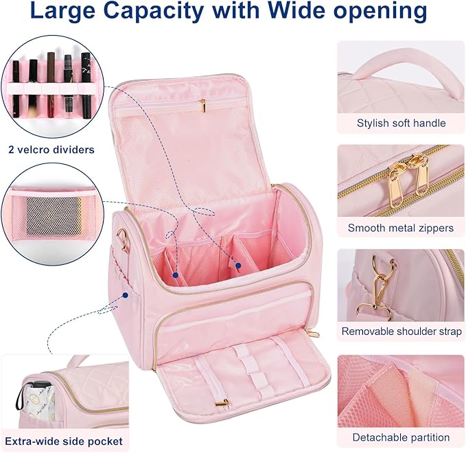 Travel Toiletry Bag Large Cosmetic Makeup Bag Organizer for Women,Wide-open Make Up Bag Waterproof Makeup Case Travel Bag with Handle and Dividers for Toiletries,Essentials,Accessories,LT Pink