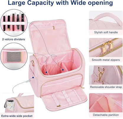 Travel Toiletry Bag Large Cosmetic Makeup Bag Organizer for Women,Wide-open Make Up Bag Waterproof Makeup Case Travel Bag with Handle and Dividers for Toiletries,Essentials,Accessories,LT Pink