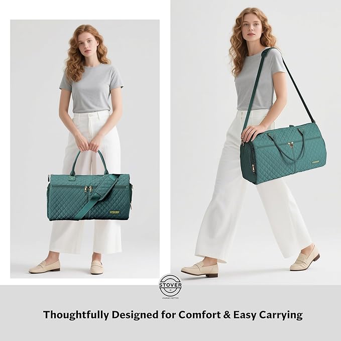 STOVER Women’s Convertible Garment Duffel Bag for Travel – 2-in-1 Carry-On Weekender/Overnight Tote - Wrinkle-Free Dresses, Suits & Clothes Plus Shoe Compartment & Bonus Toiletry Bag (Emerald Green)