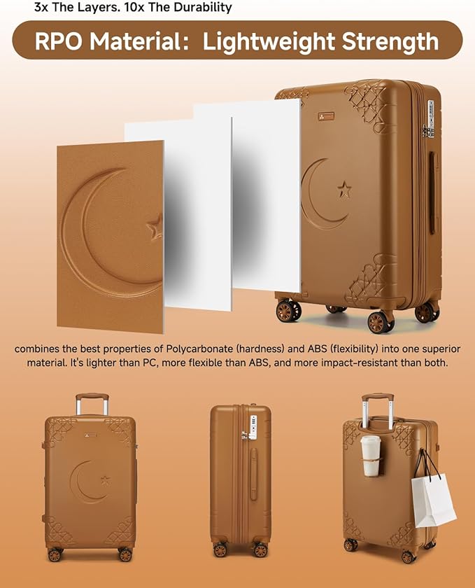 Somago 3 Piece Luggage Set with Cup Holder, Expandable 25% Capacity Suitcase with Shock-Absorbing Braking Spinner Wheels Moon Star Design Hardside Suitcase with TSA Lock (Toffee Brown,Expandable Sets)