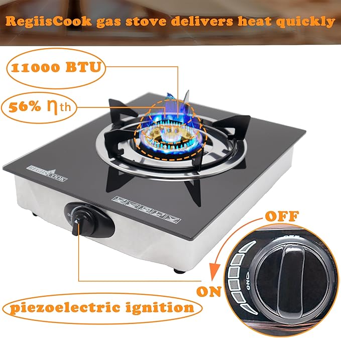 1 Burner Propane Gas Cooktop,Camping Portable LPG Gas Stove, Auto Ignition Tempered Glass Countertop Regulator and Burner Grate