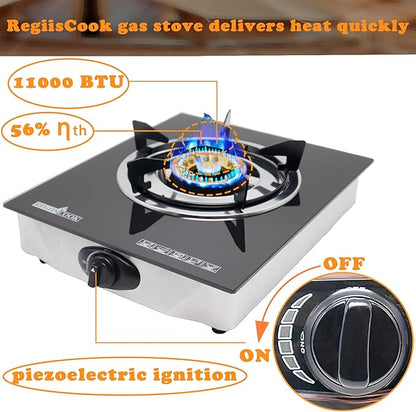 1 Burner Propane Gas Cooktop,Camping Portable LPG Gas Stove, Auto Ignition Tempered Glass Countertop Regulator and Burner Grate