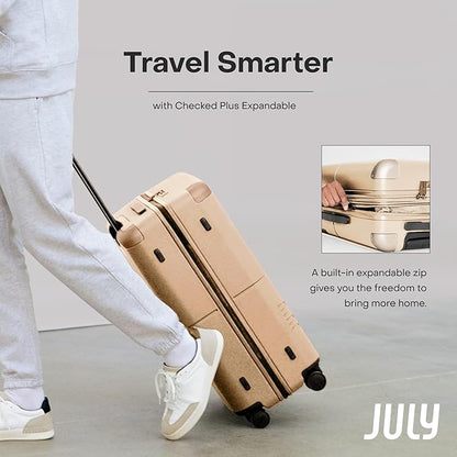 Checked Plus Expandable - 28.75" Airline Approved Check In Luggage with Wheels, Rolling Suitcase for Men & Women - TSA Lock, Silent Spinner Wheels, Expansion Zip, Y-Strap - Sand