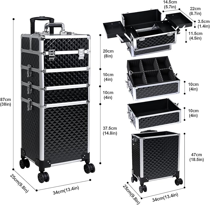 Professional Rolling Makeup Case, Cosmetology Case on Wheels 4 in 1 Large Cosmetic Train Case, Ideal Gift for Hairstylist, Nail Techs, Portable Beauty Organizer for Travel or Salon Use