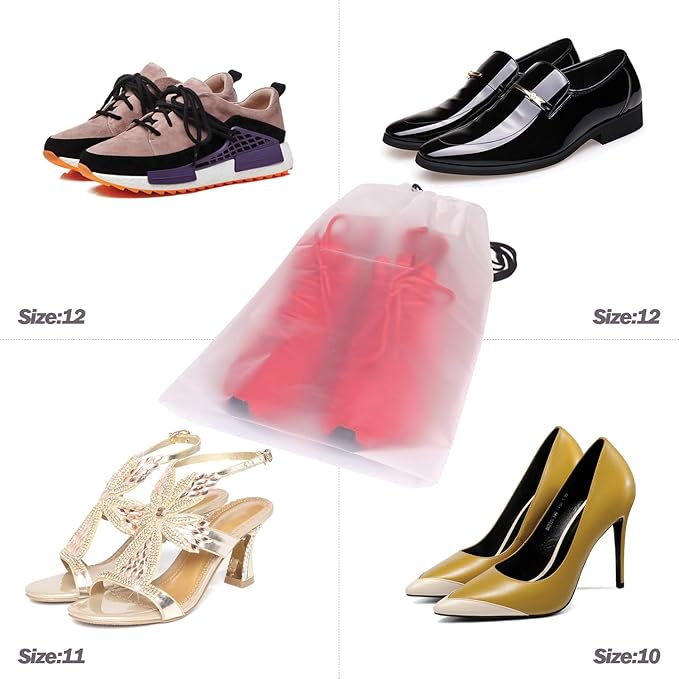 Set of 12 Portable Translucent Shoe Bags for Travel Large Clear Shoes Pouch Storage Organizer with Drawstring for Men and Women
