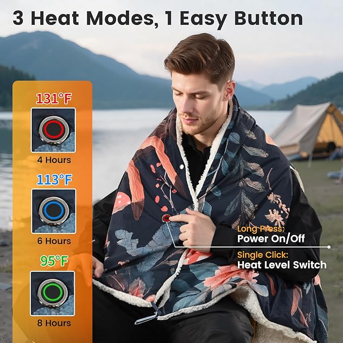 WOOMER Wearable Heated Blanket Battery Operated 50x70 Inches, 15000mAh Cordless Rechargeable Electric Throw Blanket with 3 Heat Settings, Waterproof Portable Heating Blanket for Outdoor Camping Travel