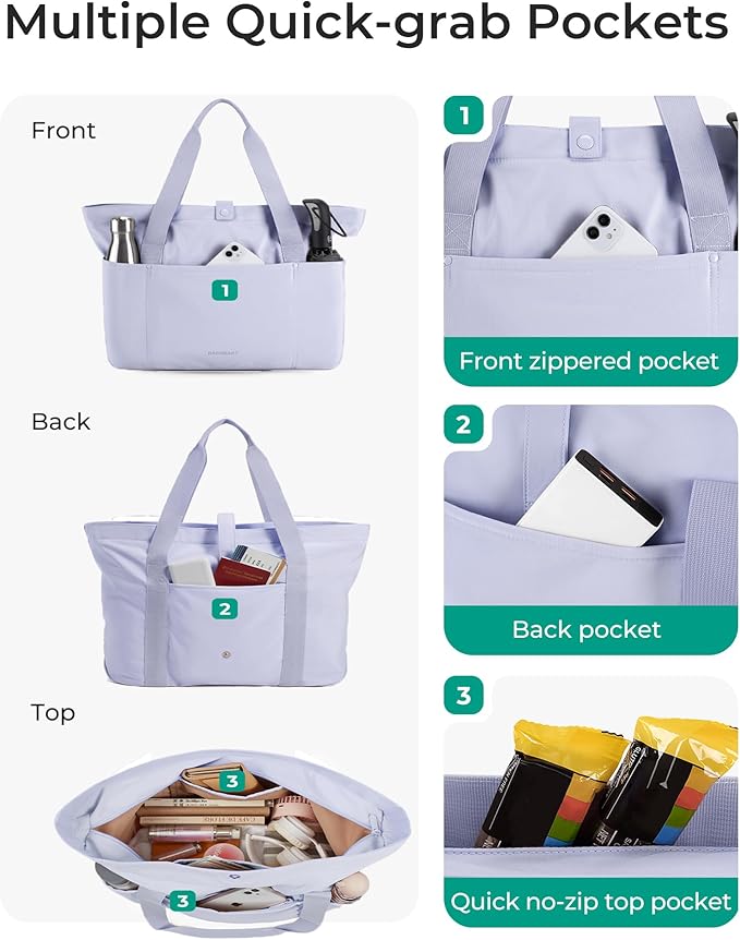 BAGSMART Tote Bag for Women, Foldable Tote Bag With Zipper Travel Large Shoulder Bag Handbag for Work-16.5''l X 6''wx 14''h