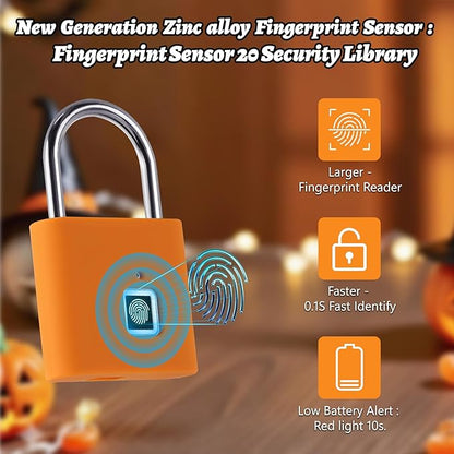UMIKSMART Padlock, Keyless Fingerprint Padlock with USB Charging, Gym Lockers, School Lockers, Luggage, Storage Boxes, Cabinets, Backpack, Halloween Gifts(Spooky Orange)