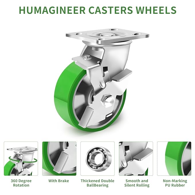 5 Inch Heavy Duty Industrial Grade Caster Set of 4, Industrial Swivel Casters with Brake, Maintenance-Free Aluminum Core PU Wheels 4000 LBS, Durable Casters Wheels for Industrial, Equipment