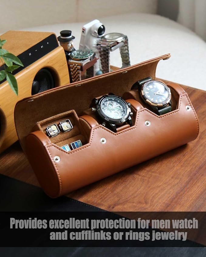Watch and Cufflink Box Organizer Case for Men, Cufflink Watch Case Travel Roll, Portable 2 Slot Watch and Cufflink Display Storage with Velvet to Holder Large Watch, Cufflink Ring Travel Case