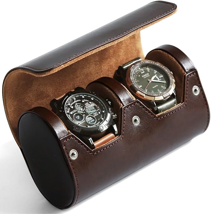 Watch Roll Travel Case for Men and Women with Suede Lining Portable 2 Slot Watch Display Storage and Organizer to Holder Large Watch (2 Slot Dark Brown)