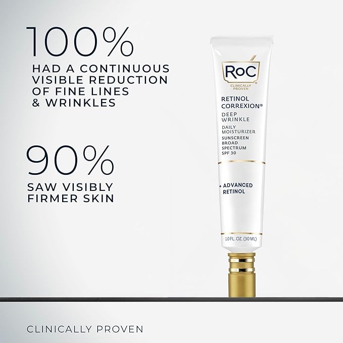 RoC Retinol Correxion Deep Wrinkle Daily Face Moisturizer with Sunscreen SPF 30 for Fine Lines, Dark Spots, Post-Acne Scars, 1 Ounce (Packaging May Vary)