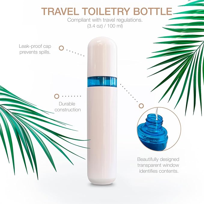 Eurow Shatter-Proof Travel Bottle with Pump Dispenser and Airtight Leakproof Lid, Durable PET Plastic Refillable Liquid Container for Shampoo, Lotion, Cream, Skincare, 100ml/3.4oz, White & Blue