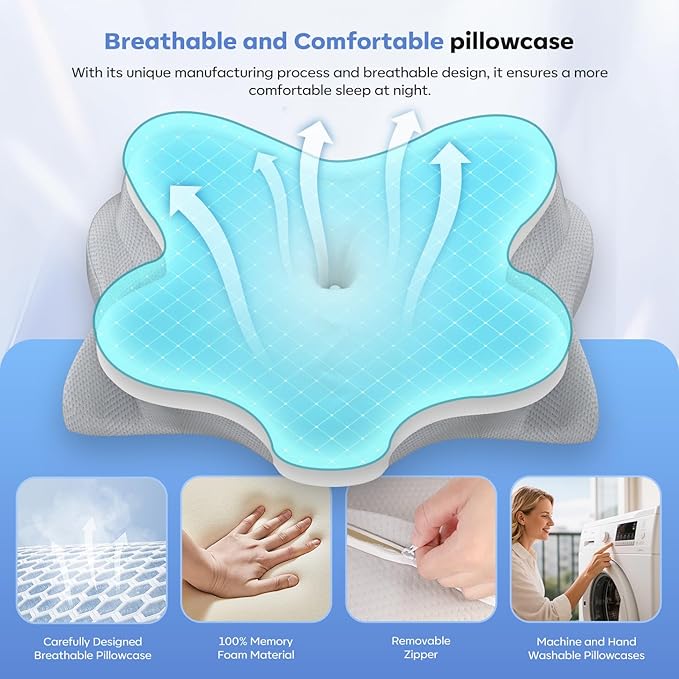 Cervical Neck Pillow, Ergonomic Memory Foam Pillows for Neck Pain Relief with Breathable Pillowcase, Adjustable Contour Neck Support Pillow for Side Back Stomach Sleepers, Odorless