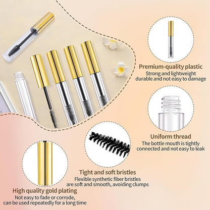 8 Pack Empty Mascara Tube 10ml Refillable Bottles with Brush Wand&Funnels,Leakproof Travel Containers for Lash & Brow Serum,Portable for Makeup Artists or Beginners(Gold)