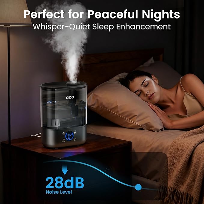 QIDO Top Fill Humidifiers for Bedroom, 5 L Cool Mist 36H Super Long Time, Quiet 28dB Essential Oil Diffuser for Baby & Plants, 3 adjustable Mist with Touch/APP/7-color Nightlight, Auto Shut-off, Black