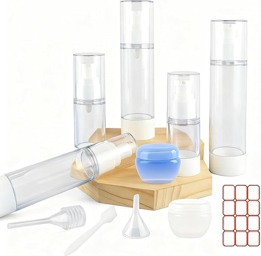 11 Pack Travel Airless Pump Bottle Set, Refillable Leakproof Toiletry Containers with Vacuum Bottles, Cream Jars, Funnel, Dropper, Label Stickers and Waterproof Zipper Bag, TSA Approved