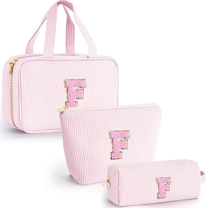 Toiletry Bag for Women,Personalized Initial Cute Makeup Pouch for Girlfriend Bridesmaid Wife | Travel Cosmetic Bag for Friend Female Sister | Birthday Gift Idea for Her Mom - Pink F