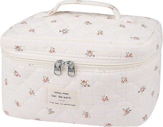 Large Travel Quilted Makeup Bag for Women,Big Floral Cotton Cosmetic Bag, Cute Coquette Aesthetic Floral Toiletry Organizer Bag (Plaid-Flower)