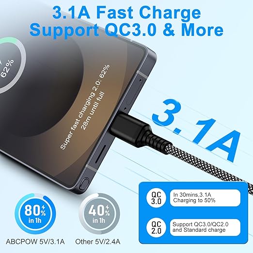 for Samsung Phone Charger Cable Fast Charge 10FT for Samsung Galaxy A17 A16 Z Fold 7 Z Flip 7 FE A36 5G A56 A26 S25 Ultra, 3.1A Long USB to USB C Cable Type C Charging Cord Android Charger Power Cord