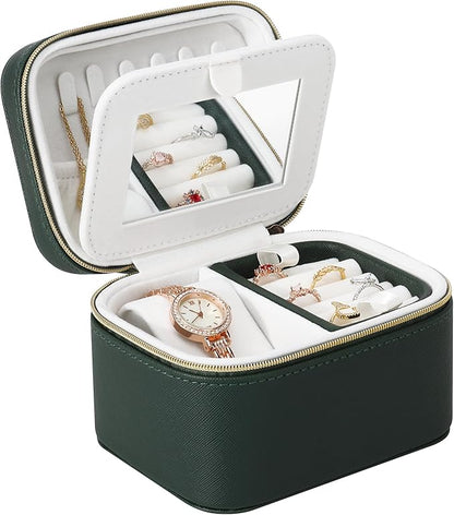 DesignSter Travel Jewelry Case,Small Jewelry Box with Mirror,Leather Material Travel Jewelry Case Organizer, Portable Jewelry Organizer with Zipper(Black)