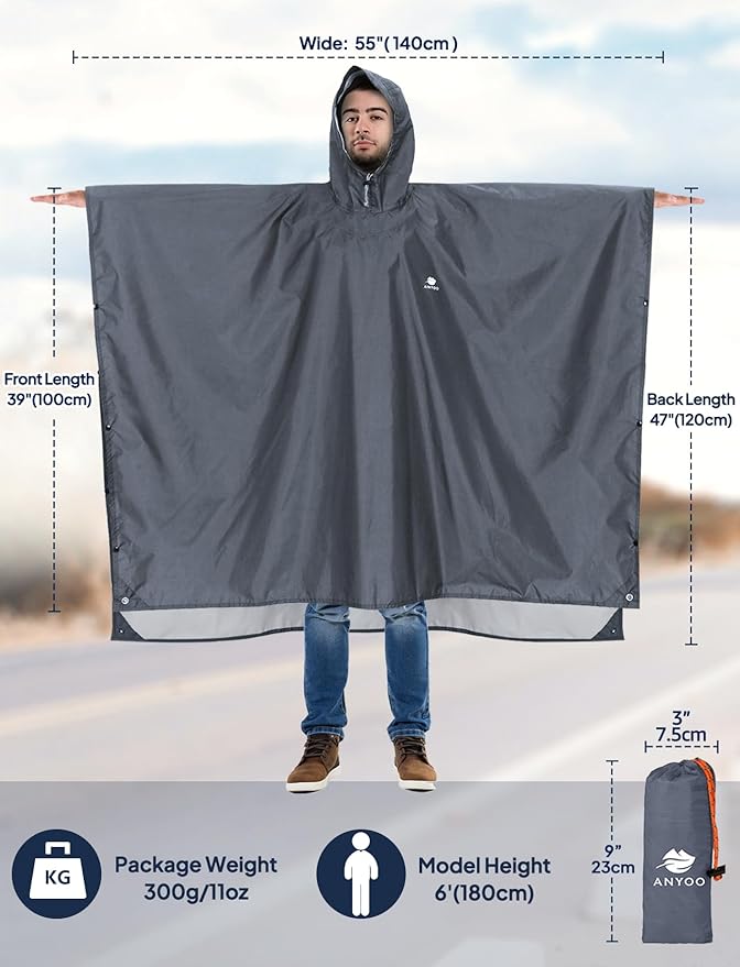 ANYOO Hooded Rain Poncho for Adults Waterproof Lightweight Rain Coat for Men Women Reusable Rain Jacket for Emergency Outdoor