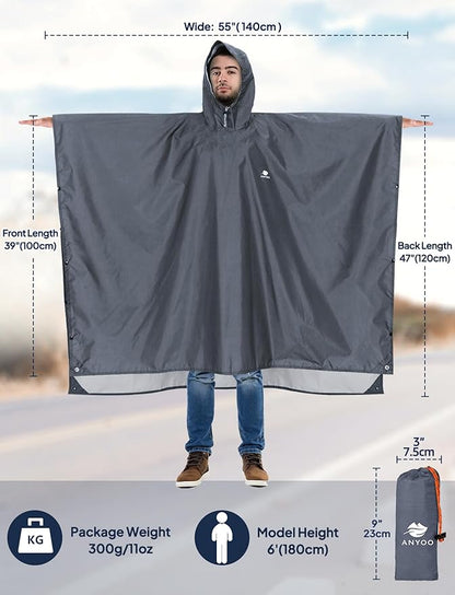 ANYOO Hooded Rain Poncho for Adults Waterproof Lightweight Rain Coat for Men Women Reusable Rain Jacket for Emergency Outdoor