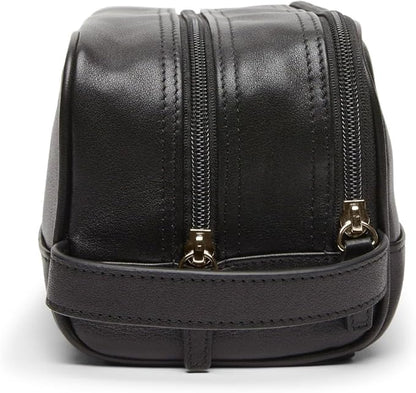 Leatherology Black Onyx Leather Toiletry Bag – Small Double Zip Dopp Kit – Full Grain Leather Travel Organizer with Water-Resistant Lining – Compact Grooming Bag for Men or Women